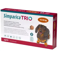 Simparica Trio / Симпарика Трио 5 - 10 кг - за вътрешно и външно обезпаразитяване на кучета - КУТИЯ (3 бр. таб)