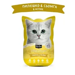 Kit Cat chicken & salmon pouch – Пълноценна мокра храна за котки в зряла възраст, пилешко и сьомга в желе, пауч 70 г