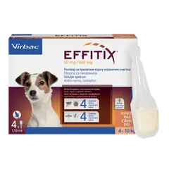 Virbac Effitix spot-on S 4-10 kg – противопаразитни пипети за кучета с репелентно действие и защита срещу четири основни паразита, кутия с 4 броя пипети - СРОК 30.09.2026
