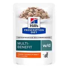 Hill's PRESCRIPTION DIET w/d Multi Benefit pouch - лечебна мокра храна за котки за котки с колит, запек, мегаколон и за поддържане на телесно тегло и регулиранена липидния метаболизъм при хиперлипидемия - 12 бр x 85 г