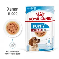 Royal Canin Medium Puppy Pouch - Пълноценна мокра храна в пауч за подрастващи кученца от средни породи до 12 месеца - 10х140 гр