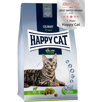 Happy Cat Culinary Adult Pasture-raised Lamm - суха храна за чувствителни котки с агнешко, грах, картофи, яйца, ориз, контрол на образуване на космените топки