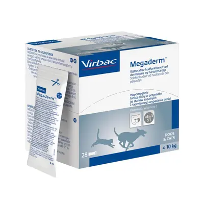 Virbac Megaderm - Овкусени сашета за здрава кожа и козина, за кучета и котки под 10 кг - кутия с 28 сашета х 4 мл