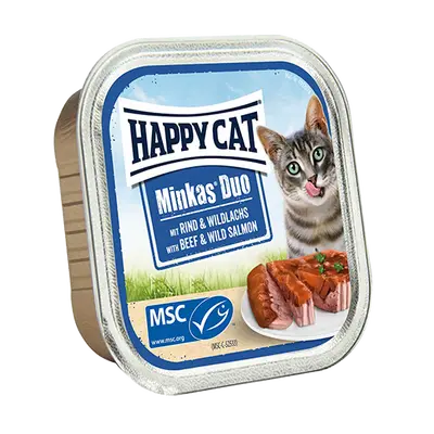 Happy Cat Minkas Duo Beef & Wild salmon - вкусни хапки в желе върху пастет 100 гр.