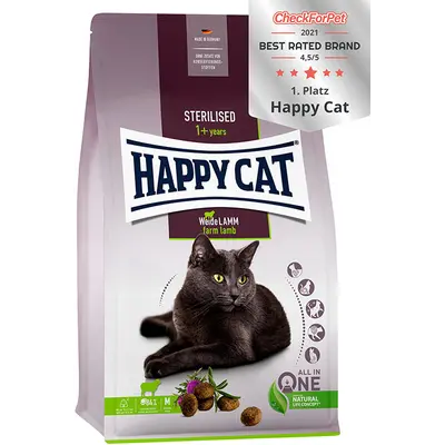 Happy Cat Sterilised Adult Pasture-raised Lamb - суха храна за кастрирани котки с агнешко, отглеждано на пасища с нежен розмарин и деликатен млечен трън