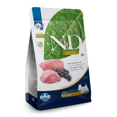 N&D PRIME Dog Grain free Lamb & Blueberry Mini Adult – пълноценна храна за кучета в зряла възраст над 1г. от дребните породи с агне и боровинки