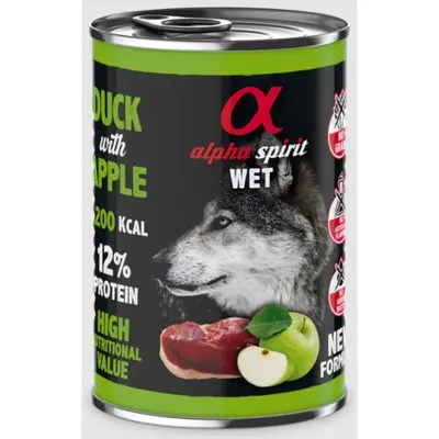 Alpha Spirit Complete wet dog food - консерва за куче Патица с Ябълки 12% протеини - 400 гр