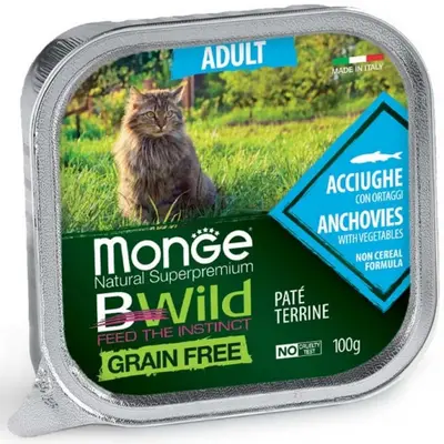 MONGE BWILD GRAIN FREE Adult Anchovy with vegetables – пастет за котки в зряла възраст с аншоа и зеленчуци - 100 гр