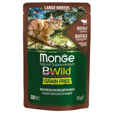 MONGE BWILD GRAIN FREE Large Breeds Buffalo with vegetables – хапки за котки от едрите породи с биволско и зеленчуци  - пауч 85 гр