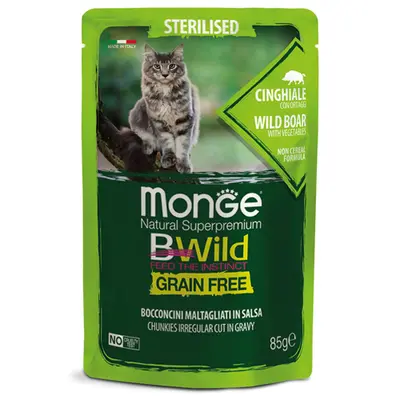 MONGE BWILD GRAIN FREE Sterilised wild boar with vegetables – хапки за кастрирани котки с глиганско и зеленчуци - пауч 85 гр