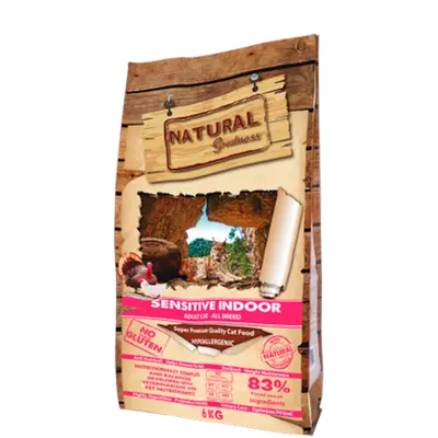 Natural Greatness Sensitive Indoor -  премиум храна за кастрирани котки, с наднормено тегло или гледани вкъщи