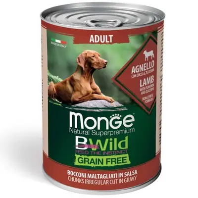 MONGE BWILD GRAIN FREE Adult lamb with pumpkin–хапки за кучета в зряла възраст  с агнешко, тиква и зеленчуци - 400 гр