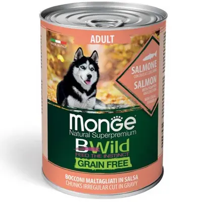 MONGE BWILD GRAIN FREE Adult salmon with pumpkin–хапки за кучета в зряла възраст  със сьомга, тиква и зеленчуци - 400 гр