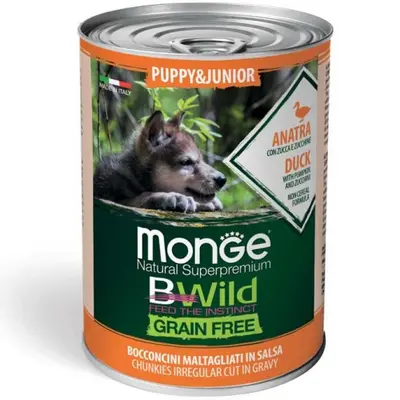 MONGE BWILD GRAIN FREE Puppy Junior duck with pumpkin - хапки за подрастващи кучета с патешко, тиква и зеленчуци - 400 гр