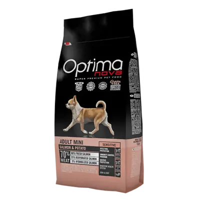OPTIMA NOVA ADULT MINI SENSITIVE SALMON & POTATO -  Пълноценна храна без глутен за израснали кучета над 10 месеца от дребните породи с чувствителна кожа, сьомга с картофи