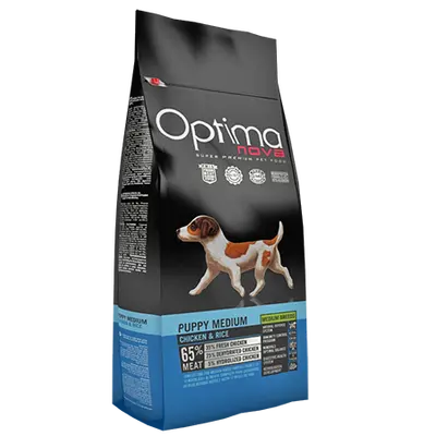 OPTIMA NOVA PUPPY MEDIUM CHICKEN & RICE -  Пълноценна храна без глутен за подрастващи кучета от средните породи от 2 до 10 месеца , пиле с ориз