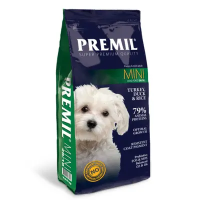 Premil Mini - пълноценна храна за кучета  от малки и средни породи с пуешко и ориз - 15 кг