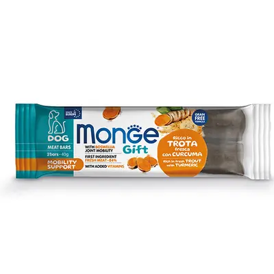 Monge Gift Meat Bars Mobility Support – лакомство за кучета – барчета с пъстърва, босвелия и куркума за грижа за ставите, без зърнени култури