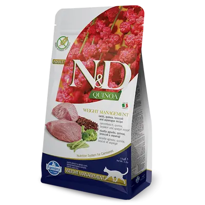 N&D Cat Quinoa Weight Manegement  - суха храна за котки с агнешко, киноа, броколи и аспержи