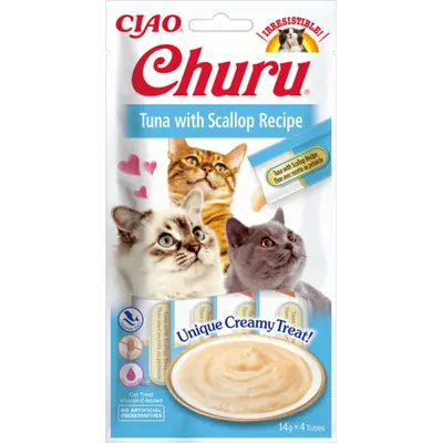 Inaba Churu Puree Tuna with Scallop Recipe - Лакомство за котки нежен крем с риба тон и миди 4 броя в пакет