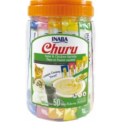Inaba Churu Puree - Лакомство за котки нежен крем с микс всусове - риба тон, сьомга, пиле и сирене 50 броя в опаковка х 14 гр