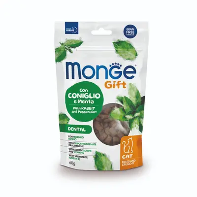 MONGE GIFT FILLED AND CRUNCHY DENTAL CAT – лакомство за котки - за дентална грижа, със заешко и мента, без зърнени култури