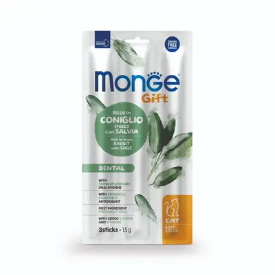 Monge Gift Soft Sticks Dental Cat - лакомство за котки, стикчета за дентална грижа със заешко и салвия, без зърнени култури