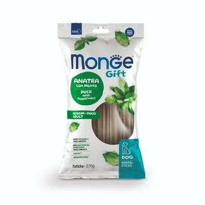 Monge Gift Dog Dental Sticks Medium-Maxi Adult - екструдирани дентални стикове за кучета от средни и едри породи с патешко и мента, монопротеинови.