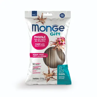Monge Gift Dog Dental Sticks Puppy&Junior Medium-Maxi - екструдирани дентални стикове за подрастващи кученца от средните и едри породи със свинско и дяволски нокът, монопротеинови.