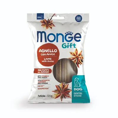 Monge Gift Dog Dental Sticks Puppy&Junior Mini – екструдирани дентални стикове за подрастващи кученца от мини породи с агнешко и анасон, монопротеинови.