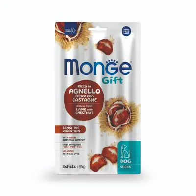 Monge Gift Sensitive Digestion - лакомство за кучета с чувствителна храносмилателна система – стикове с агнешко, кестени и инулин, без зърнени култури