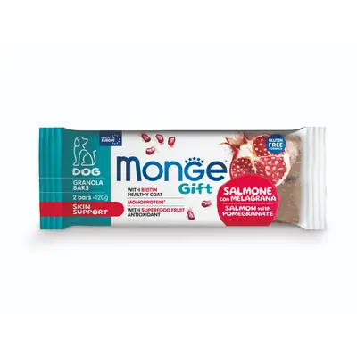 Monge Gift Granola Bars Skin Support – лакомства за кучета - монопротеинови барчета със сьомга и нар за здрави кожа и козина, безглутенови.