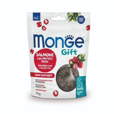 Monge Gift Super M Skin Support – лакомства за кучета - меки хапки със сьомга и червени боровинки за здрави кожа и козина, без зърнени култури
