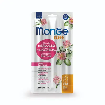 Monge Gift Cat Soft Sticks Skin Support - лакомство за котки за кожа и козина, с риба треска и детелина, без зърнени култури