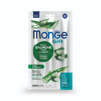 Monge Gift Skin Support - лакомство за кучета – стикове със сьомга и алое вера за здрави кожа и козина, без зърнени култури
