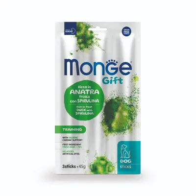 Monge Gift Training Dog Stick – лакомства за кучета - стикове с патешко и спирулина, за тренировки, без зърнени култури