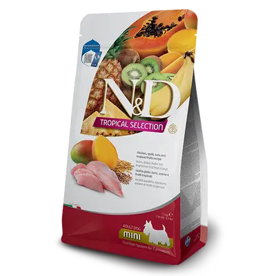 N&D DOG TROPICAL SELECTION CHICKEN ADULT MINI - Суха храна за кучета над 1 год. от дребните породи, с пилешко, спелта, овес и тропически плодове - 5кг