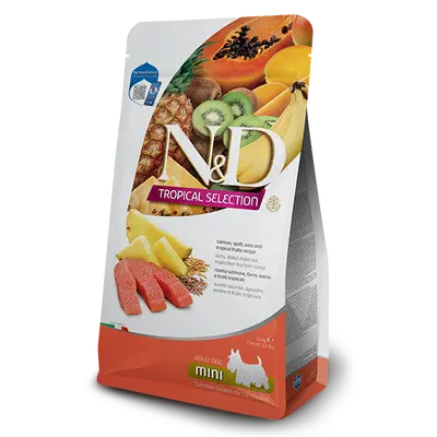 N&D DOG TROPICAL SELECTION SALMON ADULT MINI 1,5 kg - Суха храна за кучета над 1 година от дребните породи, със сьомга, спелта, овес и тропически плодове - 1.5кг