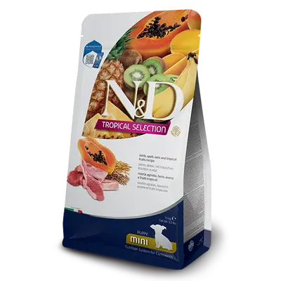 N&D DOG TROPICAL SELECTION LAMB PUPPY MINI - Суха храна за подрастващи кученца и бременни и кърмещи от дребните породи, с агнешко, спелта, овес и тропически плодове - 5кг