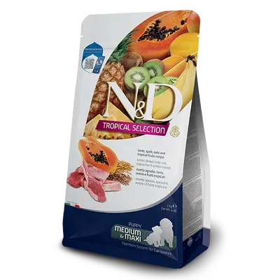 N&D DOG TROPICAL SELECTION LAMB PUPPY MED/MAX - Суха храна за подрастващи кученца и бременни и кърмещи от средните и едри породи, с агнешко, спелта, овес и тропически плодове - 10кг