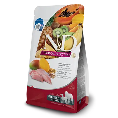 N&D DOG TROPICAL SELECTION CHICKEN ADULT MED/MAX - Суха храна за кучета над 1 година от средните и едри породи, с пилешко, спелта, овес и тропически плодове - 2кг