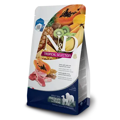 N&D DOG TROPICAL SELECTION LAMB ADULT MED/MAX - Суха храна за кучета над 1 година от средните и едри породи, с агнешко, спелта, овес и тропически плодове - 2кг