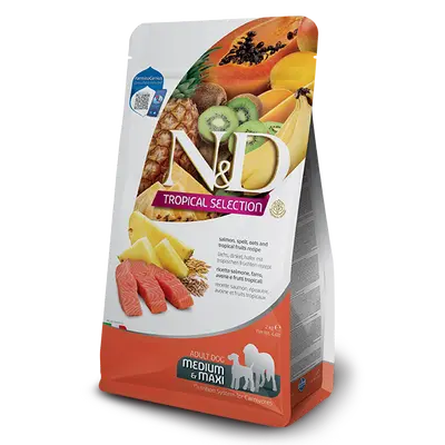 N&D DOG TROPICAL SELECTION SALMON ADULT MED/MAX - Суха храна за кучета над 1 година от средните и едри породи, със сьомга, спелта, овес и тропически плодове - 2кг