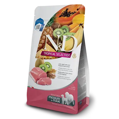 N&D DOG TROPICAL SELECTION PORK ADULT MED/MAX - Суха храна за кучета над 1 година от средните и едри породи, със свинско, спелта, овес и тропически плодове - 10кг