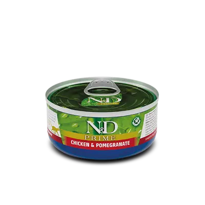 N&D PRIME Cat Chicken & Pomegranate Adult 70 g – пълноценна мокра храна без зърнени култури за котки в зряла възраст, с пиле и нар, консерва