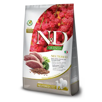 N&D Quinoa NEUTERD Dog Adult Medium & Maxi with Duck, Broccoli & Aspragus – суха храна без зърнени култури за кастрирани кучета от средни и едри породи над 1 година, с патешко, броколи и аспержи - 12 кг