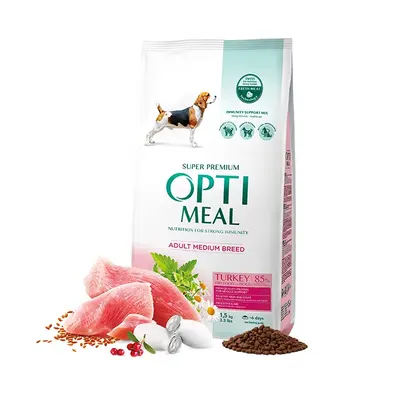 Opti Meal Adult Medium With Turkey- Пълноценна суха храна за възрастни кучета от средни породи – пуешко - различни разфасовки