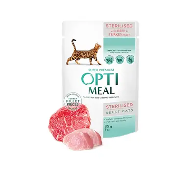 Opti Meal Pouch Adult Cat Sterilized With Beef And Turkey Fillet In Jelly - пълноценна мокра храна за котки с телешко и пуешко в сос