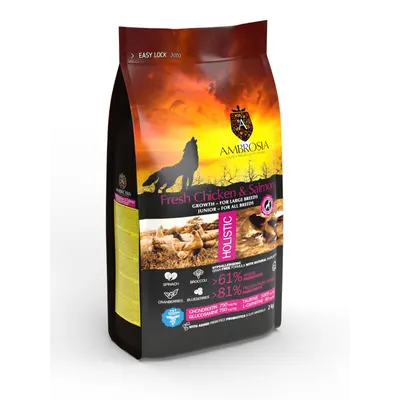 Ambrosia All Breed Large Breed Fresh Chicken & Salmon Ulta premium - холистична, хипоалергенна, беззърнена храна за подрастващи кучета от големи породи, с пилешко и сьомга, 12 кг