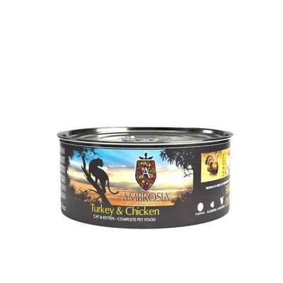 Ambrosia Kitten & Cat Turkey & Chicken - пълноценна мокра храна за котенца и котки с пуешко и пилешко, 150 гр